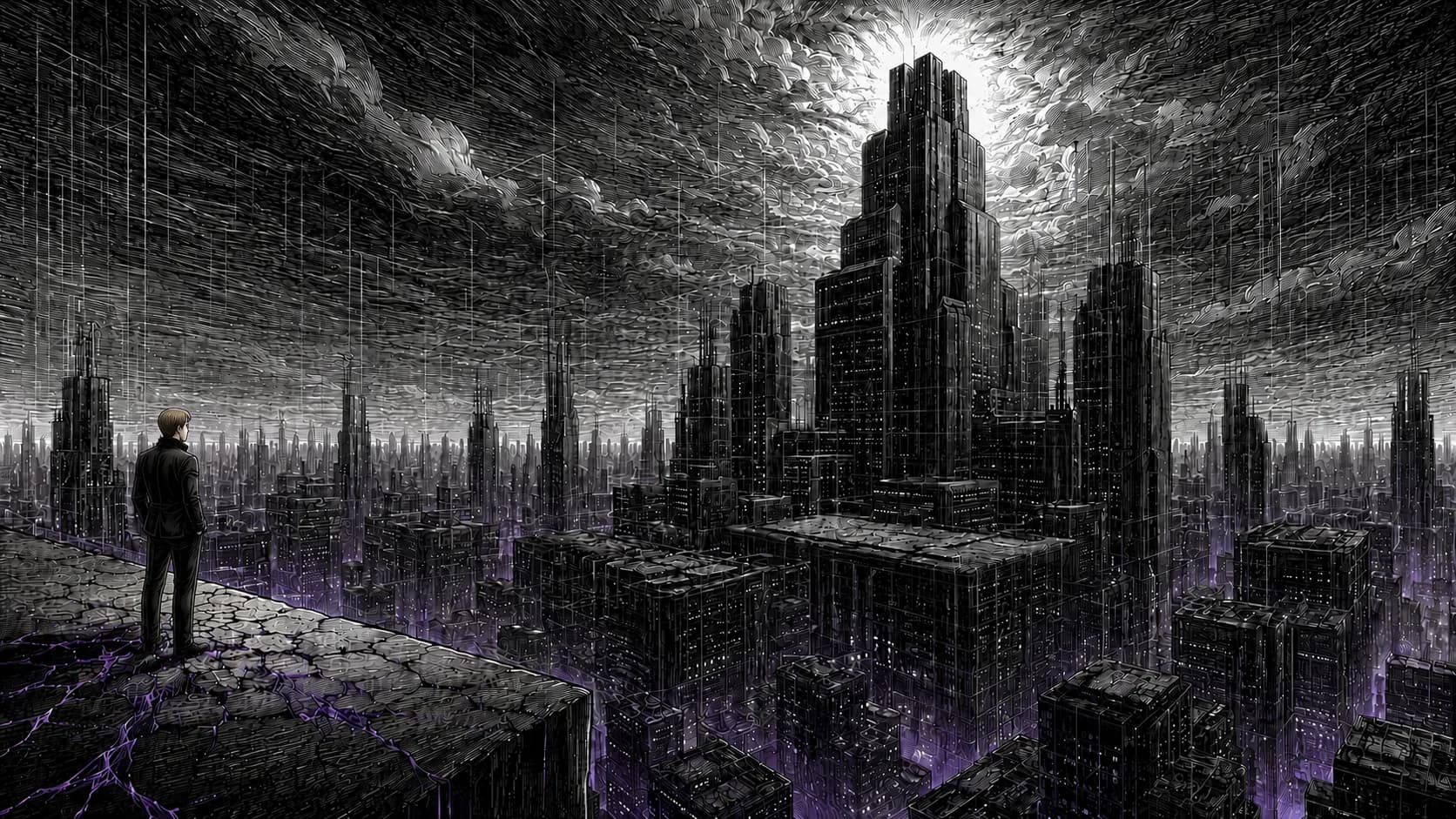 A lone figure looking out over a vast landscape of corporate towers. The journey of building ZeroHook